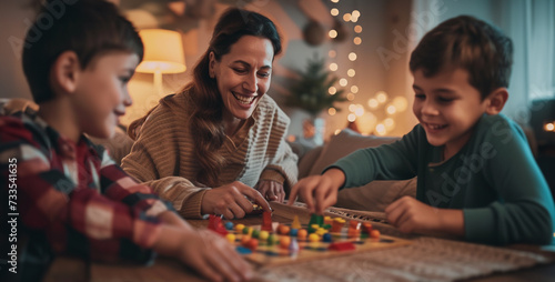 the joy of a family playing board games together on a cozy evening, with smiles, focused expressions, and a warm, homey atmosphere photograph, High-resolution photograph, digital photography