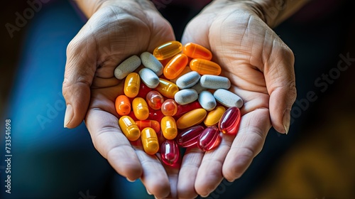 There are many medical capsules in the hands of an elderly woman.