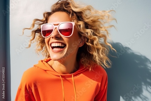 Portrait of a beautiful smiling young woman with curly hair wearing sunglasses