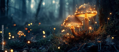 Close-up shot of three glowing mushrooms in a mysterious, dark forest, resembling lost souls in an enchanted Avatar-like setting, with fairy lights and fog creating a magical ambiance.