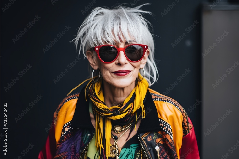 Portrait of a beautiful senior woman with short white hair and sunglasses