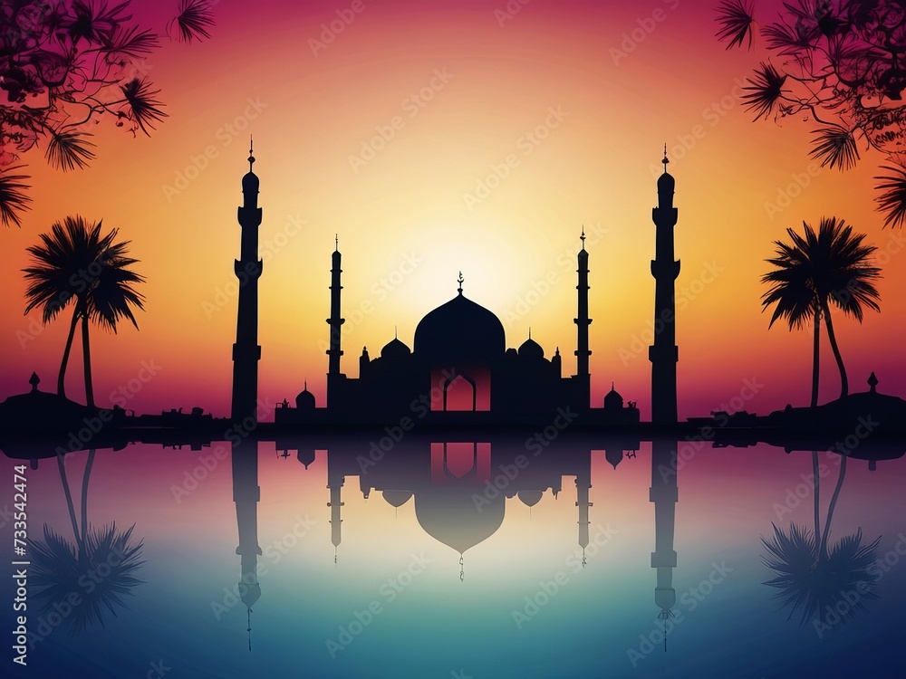 Mosque silhouette with Gradient vibrant color background
