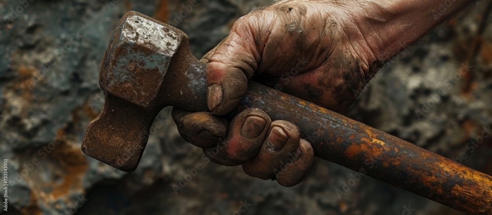 Vintage Hand Holding Old Rusty Hammer - An Iconic Image of a Weathered Hand Grasping an Antique Hammer