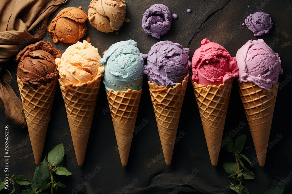 Delicious various flavored ice creams in waffle cones