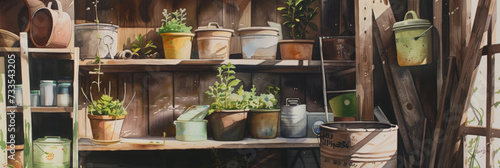 a watercolor of a garden shed with pots and containers, generative AI photo