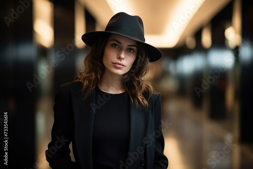 Pretty young woman in a black coat and hat in a hotel corridor