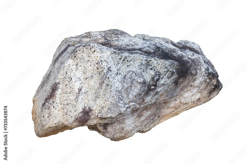 Natural single rough solid grey stone cut out isolated on white background for garden and landscape design object Natural single rough solid grey stone cut out isolated on white background for garden and landscape design object