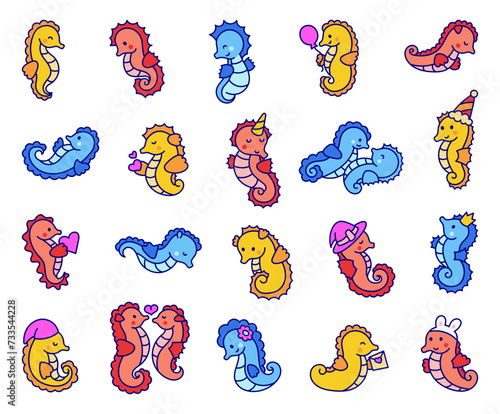 Cute kawaii seahorse. Cartoon underwater animal characters. Hand drawn style. Vector drawing. Collection of design elements.