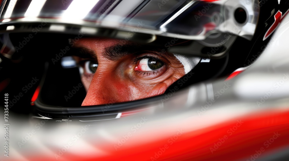 A Formula 1 pilot in a helmet before start of the race. Intense gaze, adrenaline pumping, race day anticipation. A Formula 1 pilot in a helmet before start of the race. Intense gaze, adrenaline pumping, race day anticipation.
