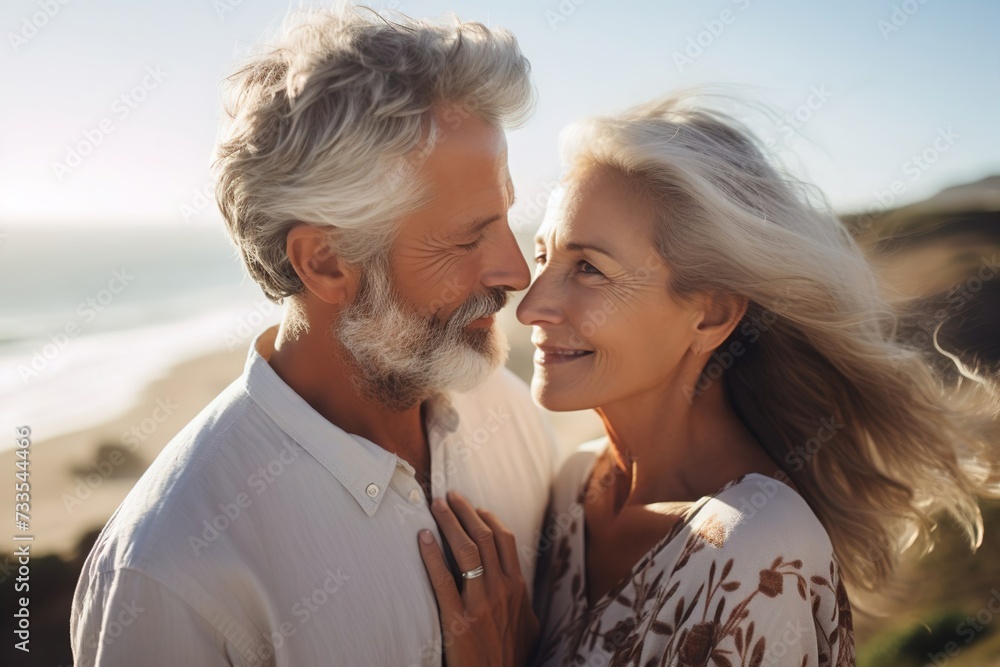 A beautiful mature and romantic elderly couple hugging each other by the sea. expressing love and tenderness in adulthood A beautiful mature and romantic elderly couple hugging each other by the sea. expressing love and tenderness in adulthood