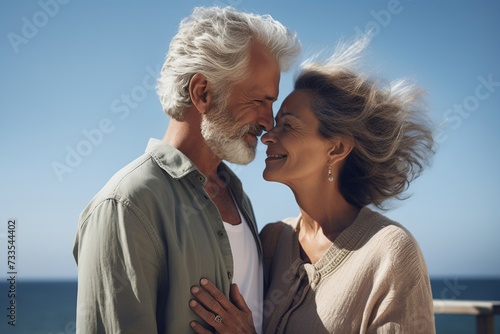 A beautiful mature and romantic elderly couple hugging each other by the sea. expressing love and tenderness in adulthood