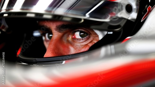 A Formula 1 pilot in a helmet before start of the race. Intense gaze, adrenaline pumping, race day anticipation. © Stavros