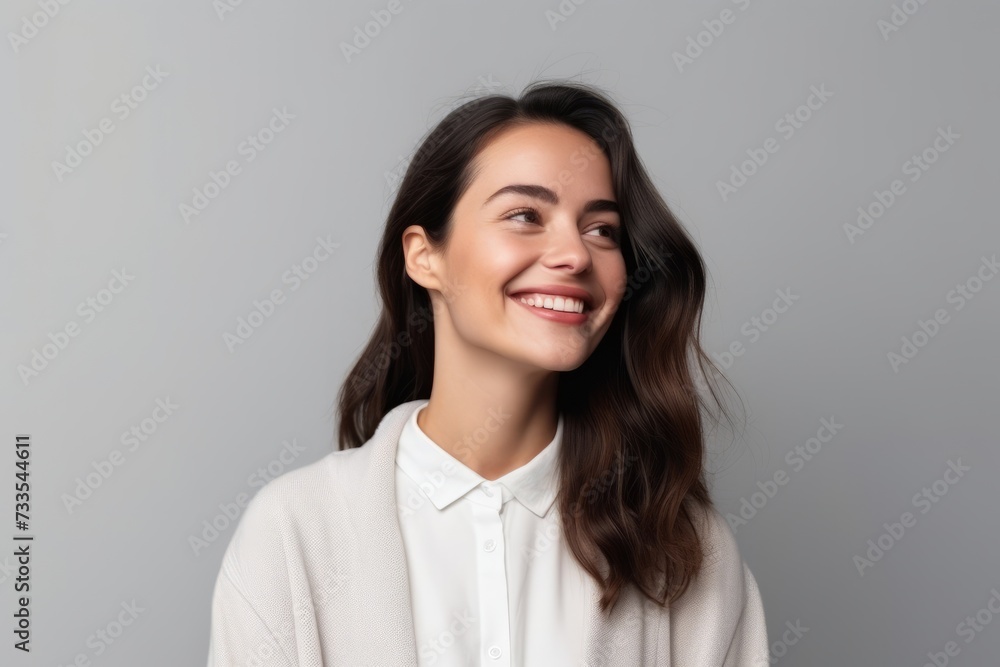 Portrait of a beautiful young brunette woman smiling and looking up Portrait of a beautiful young brunette woman smiling and looking up