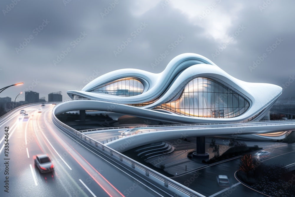 Fototapeta premium A modern building and road in motion.