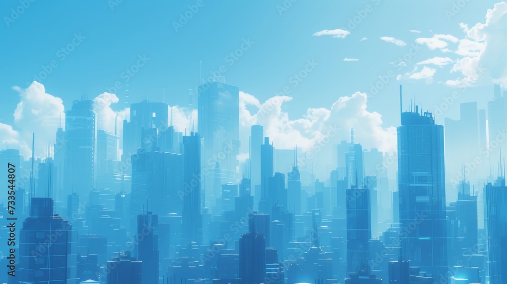 A blue city skyline with tall buildings.