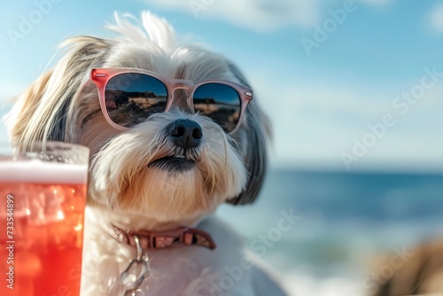 cute shih tzu dog wearing sunglases on the beach, summer theme   © Wipada
