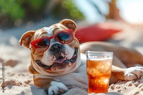 cute dog wearing sunglasses on the beach theme 