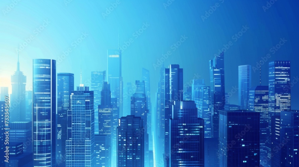 A blue city skyline with tall buildings.