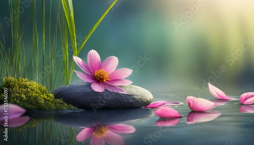 Pink color blooming flowers and stones are on the water mental health concept