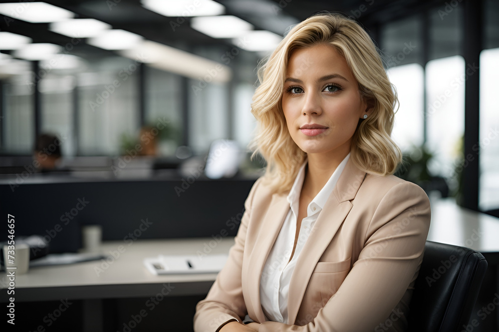 Portrait of a confident young blonde businesswoman sitting on chair at workplace
