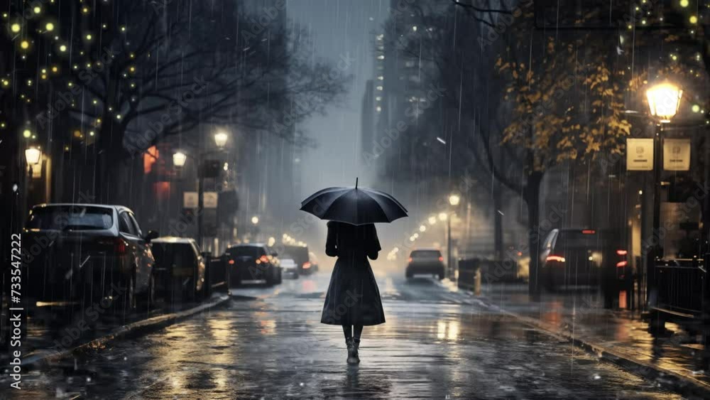 rain in a winter city woman with black umbrella. seamless looping overlay 4k virtual video animation background 