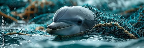 A cute dolphin caught in a fishing net with a big empty space for text, Generative AI. photo