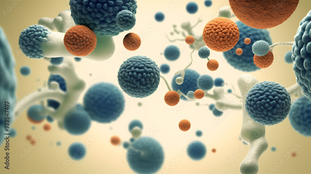 Various shapes of bacteria, probiotics under microscope, science, medicine concept background Various shapes of bacteria, probiotics under microscope, science, medicine concept background