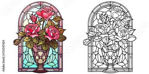 Pink Roses in Vase with Presents Coloring Page Stained Glass Vector Art