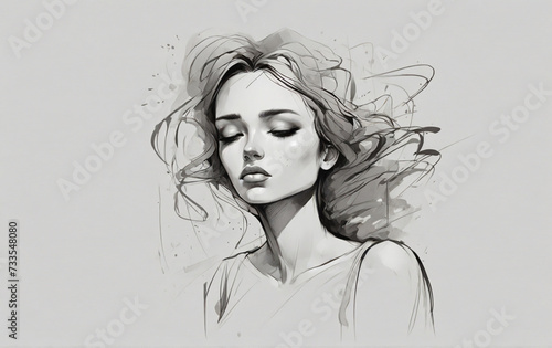 Hand drawn abstract black sketch portrait of a beautiful woman, illustration art