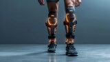 A mans leg wearing knee braces  with a big empty space in a clean backdrop, Generative AI.