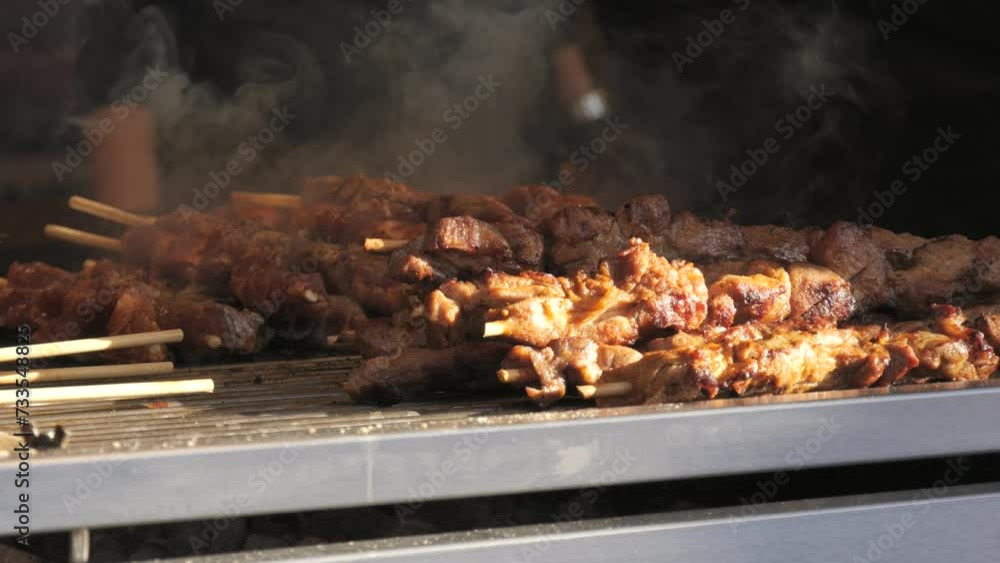 Fried pieces of meat on skewers steaming in slow motion just off the grill Fried pieces of meat on skewers steaming in slow motion just off the grill