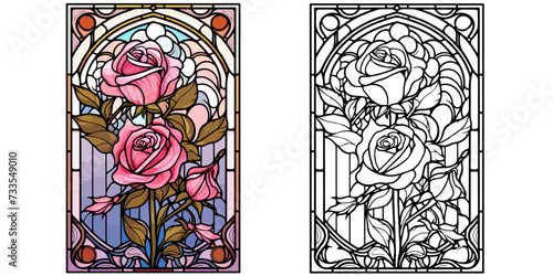 Two Beautiful Pink Roses with Presents Coloring Page Stained Glass Vector Art