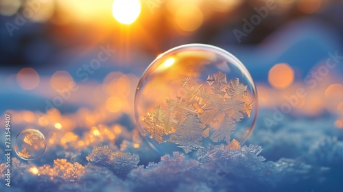 The fragile art of a freezing bubble, its ice crystals illuminated by the soft winter sunrise.