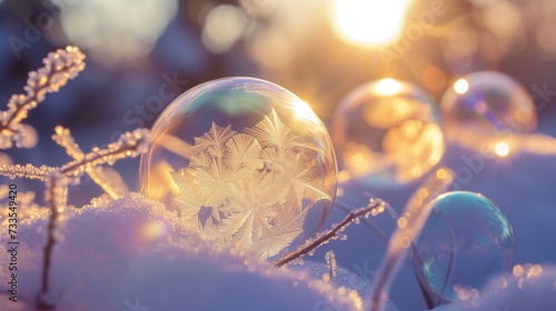 A close-up of a soap bubble turning to ice, with a bokeh effect created by the rising sun reflecting on the snow.