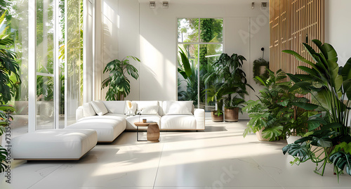 a white living room has green plants near the windows