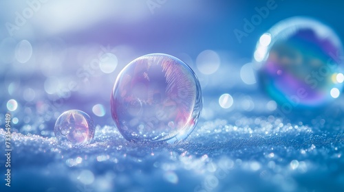 The frozen beauty of a soap bubble is highlighted by the sun's rise, its icy surface gleaming.