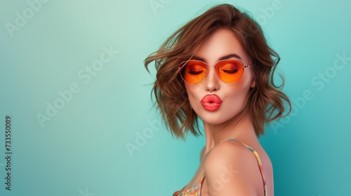 Portrait of beautiful young woman sending kiss on blue background. photo