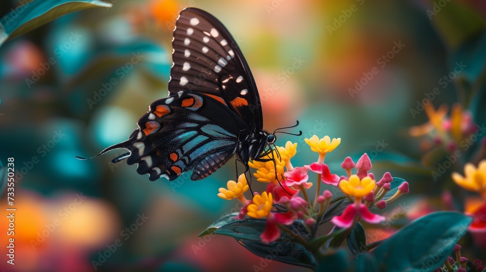 The warm glow of the sun enhances the colors of a butterfly mingling with garden flowers. The warm glow of the sun enhances the colors of a butterfly mingling with garden flowers.