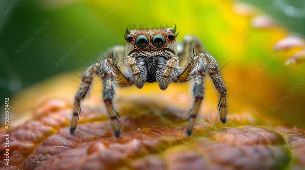 A jumping spider's fascinating textures and colors are magnified in this close-up wildlife photograph. A jumping spider's fascinating textures and colors are magnified in this close-up wildlife photograph.