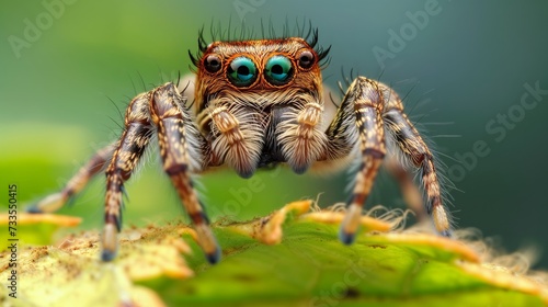 A jumping spider perched on foliage, its eyes and body a complex pattern of nature's design.