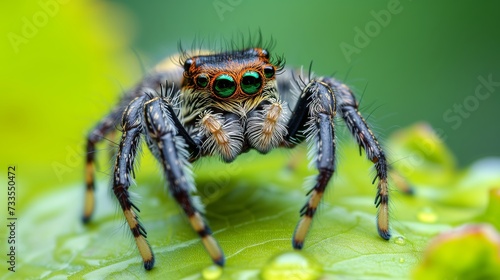 A macro shot where the jumping spider's vibrant coloration and detailed eyes become a focal point.