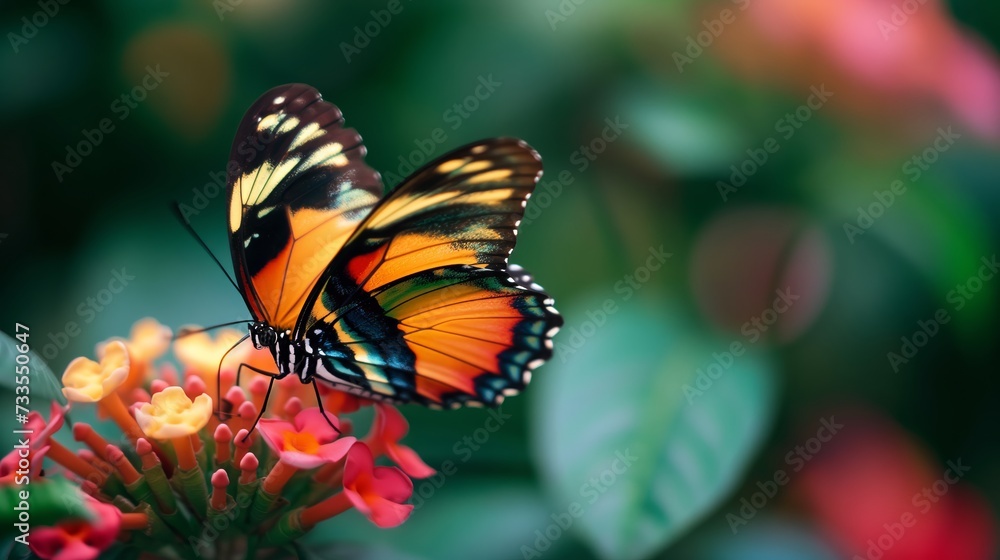 A macro perspective shows a butterfly's adaptation to the vibrant, tropical surroundings. A macro perspective shows a butterfly's adaptation to the vibrant, tropical surroundings.
