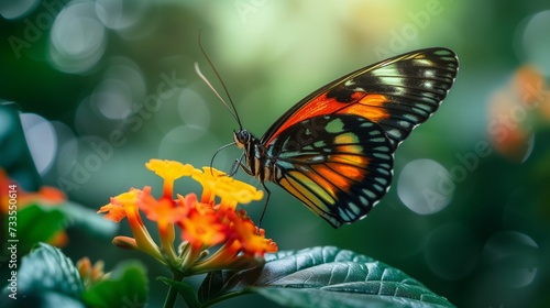 A butterfly's tropical journey is marked by a pause on a leaf, a moment of rest and beauty.