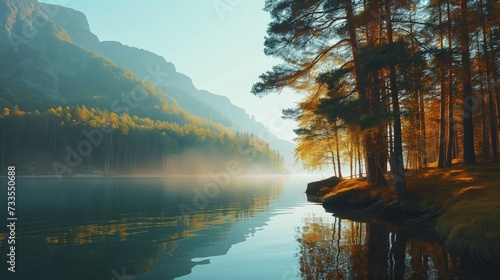 Tranquil early morning rays reflect off the water, complementing the lush forest backdrop.