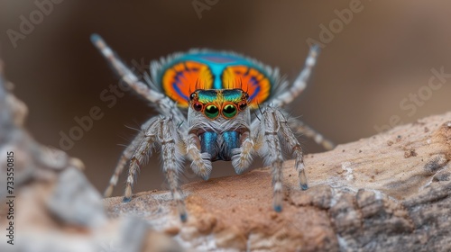 Peacock spider displaying its vibrant pattern on a natural brown backdrop.