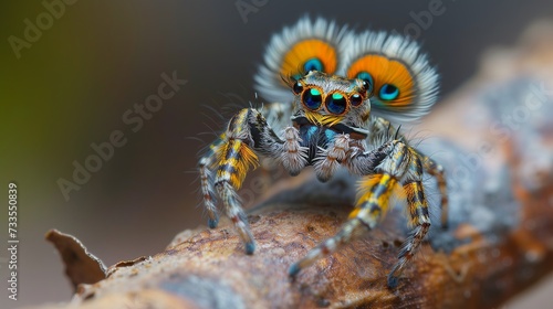 Vibrant peacock spider with striking colors captured in a macro shot.