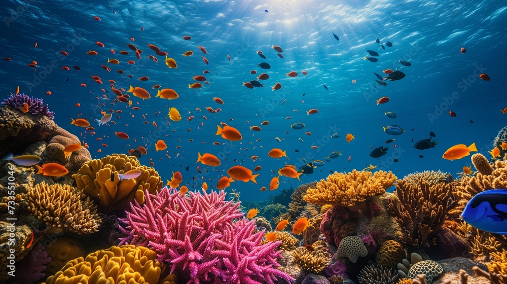 Naklejka premium Underwater paradise with vibrant coral reef and bustling sea life.