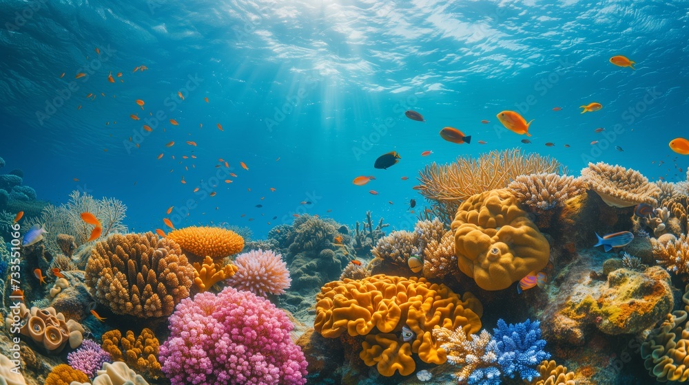 Naklejka premium Healthy reef system displaying the vibrant ecosystem of a coral community.