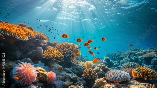 Sea flora and fauna coexist in the protective environment of coral reefs.