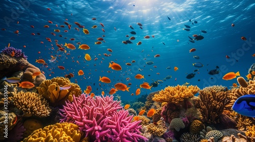 Underwater paradise with vibrant coral reef and bustling sea life. © Yaroslav Herhalo
